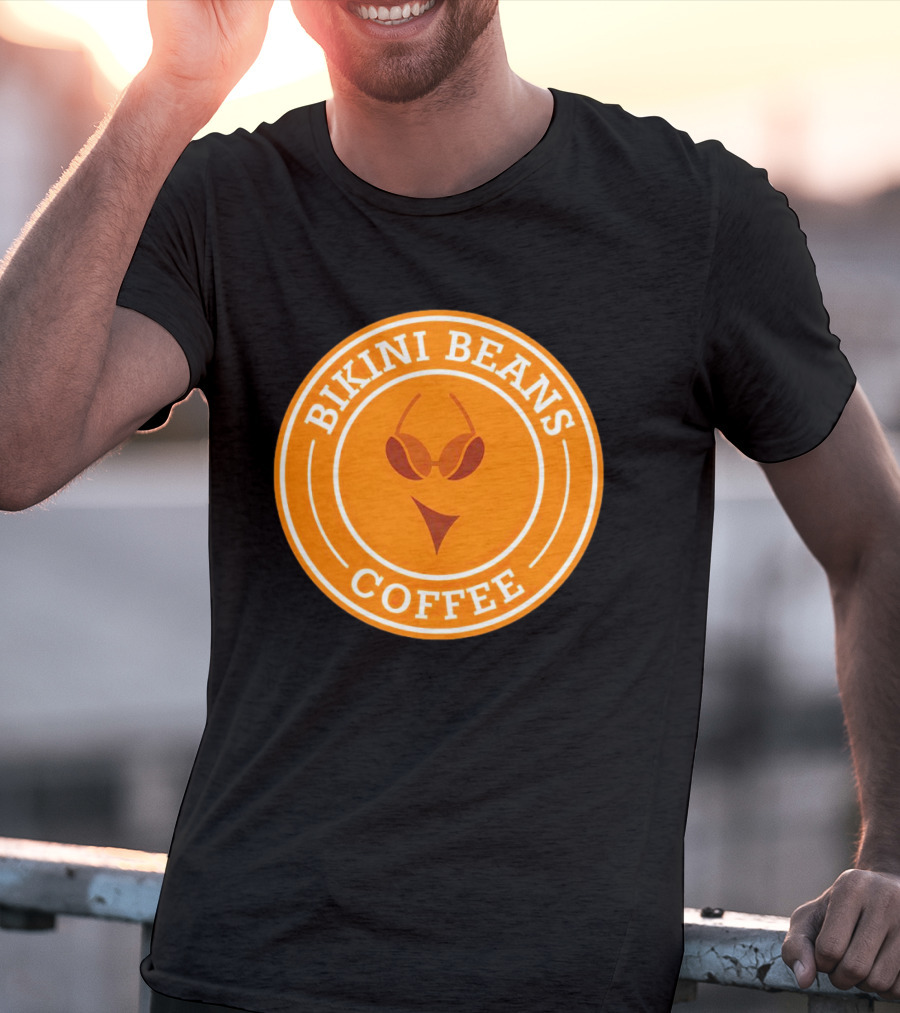 Bikini Beans Coffee Circular Logo With Sunglasses And Orange Background T-Shirt