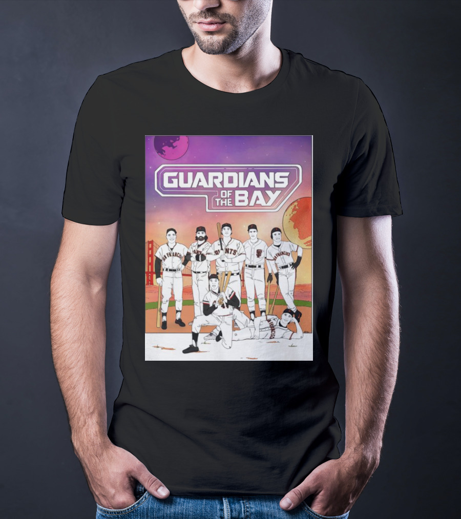Guardians Of The Bay San Francisco Giants Baseball Players With Golden Gate Bridge And Sunset Background T-Shirt