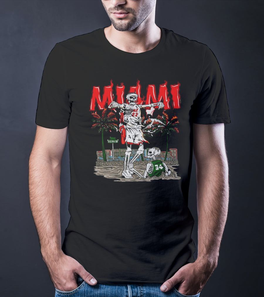Miami Heat Skeleton Celebrating Over Boston Celtics On Ocean Drive T-Shirt