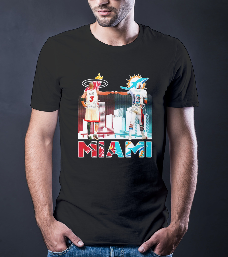 Miami Heat Dwyane Wade And Miami Dolphins Dan Marino Iconic Fist Bump Signatures T-Shirt