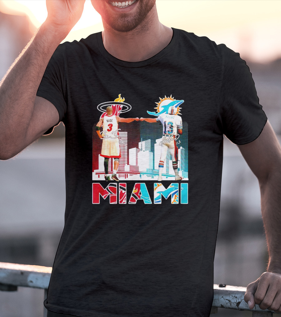 Miami Heat Dwyane Wade And Miami Dolphins Dan Marino Iconic Fist Bump Signatures T-Shirt