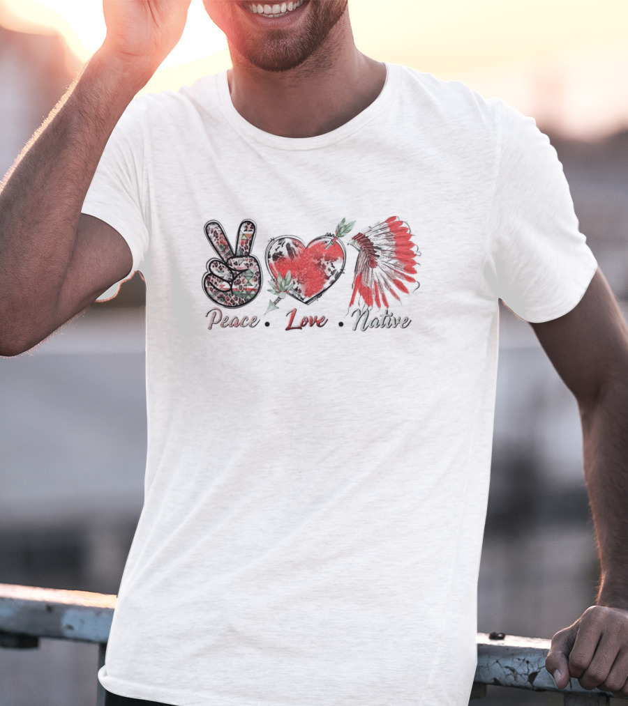 Peace Love Native Red Feather Headdress T-Shirt