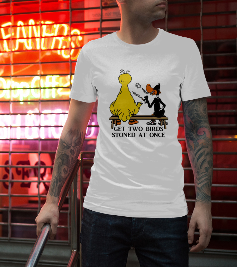 Get Two Birds Stoned At Once Smoking Yellow Black Cartoon Birds Bench T-Shirt