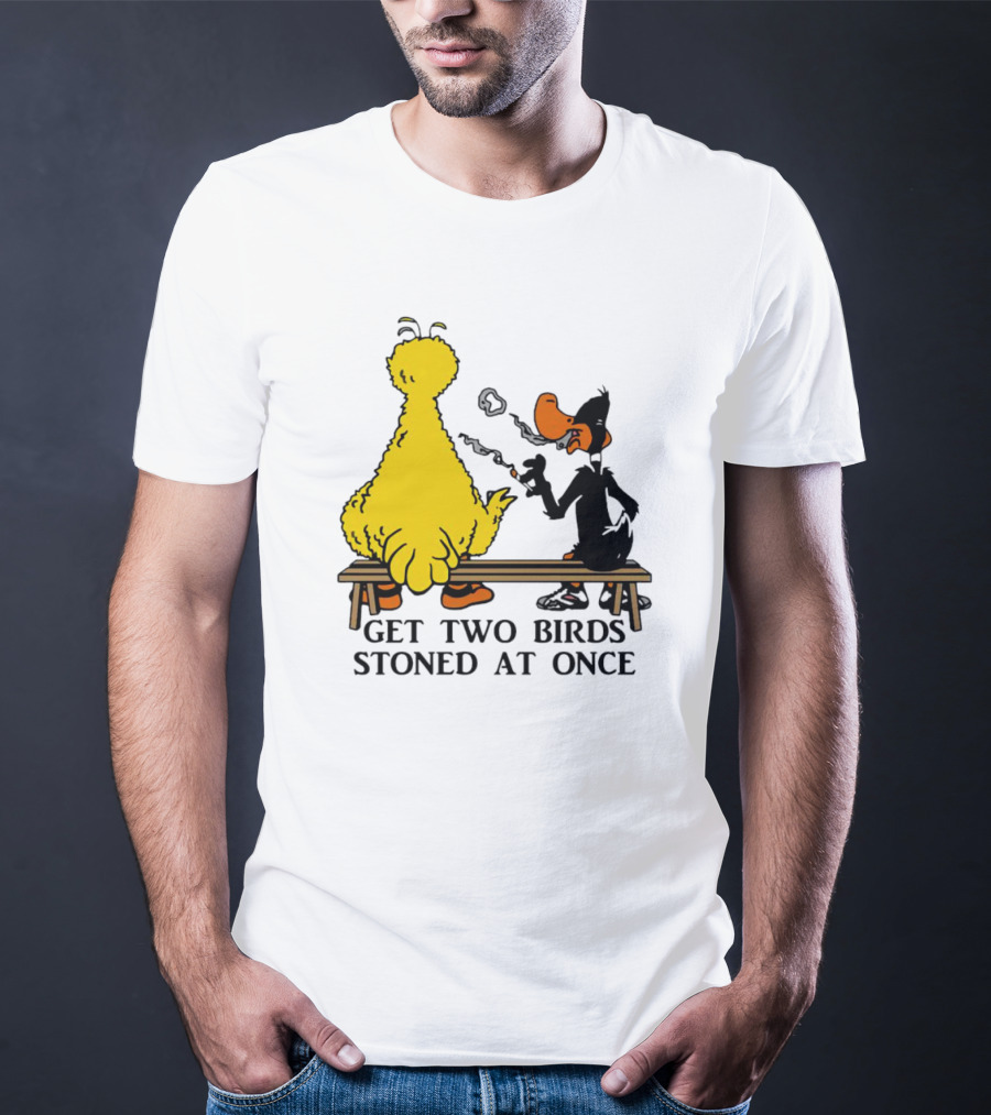 Get Two Birds Stoned At Once Smoking Yellow Black Cartoon Birds Bench T-Shirt