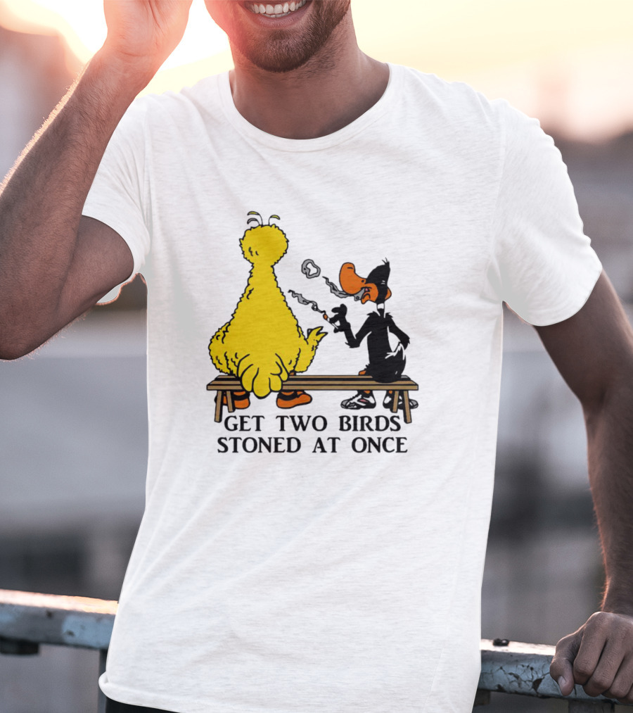 Get Two Birds Stoned At Once Smoking Yellow Black Cartoon Birds Bench T-Shirt