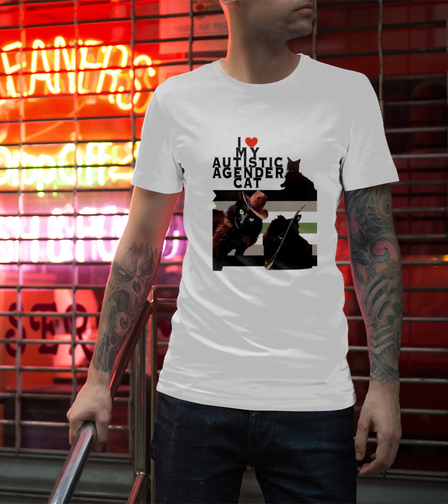 I Love My Autistic Agender Cat With Black Cats On Agender Pride Stripes T-Shirt