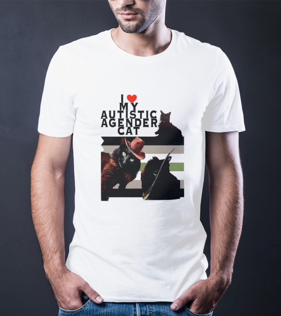 I Love My Autistic Agender Cat With Black Cats On Agender Pride Stripes T-Shirt