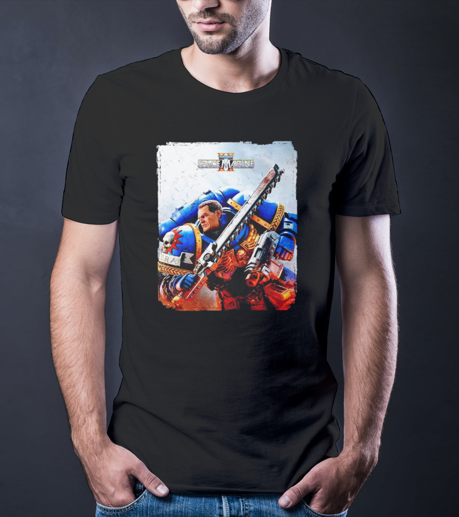 Warhammer 40000 Space Marine 2 Titus Game Art Ultramarine Warrior Battle Scene T-Shirt