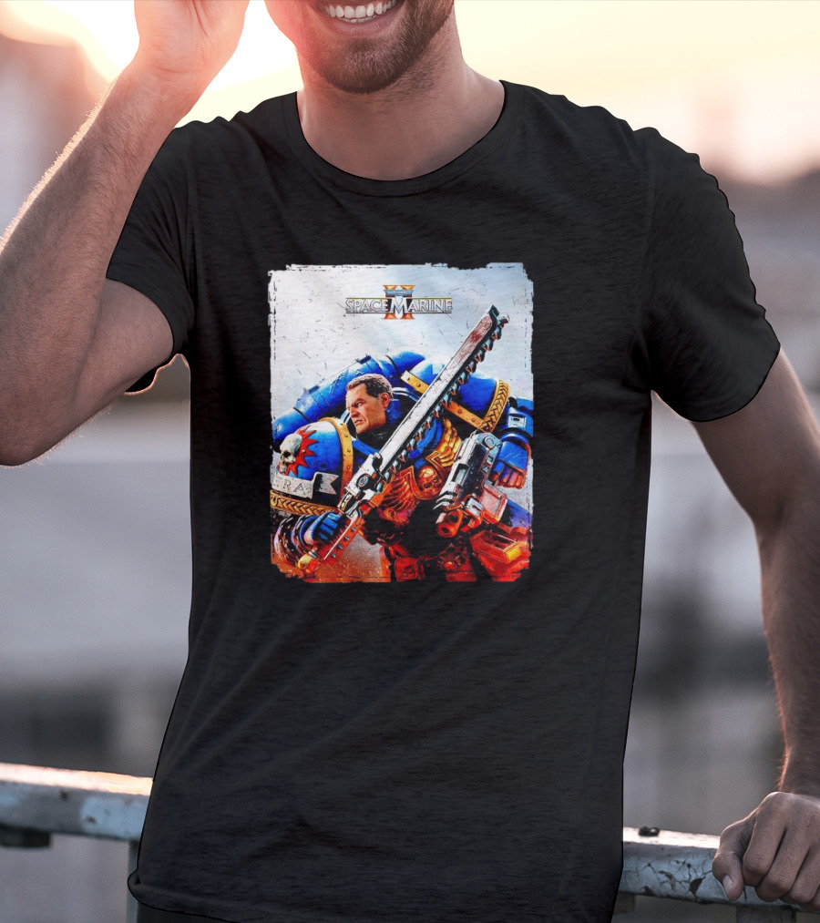 Warhammer 40000 Space Marine 2 Titus Game Art Ultramarine Warrior Battle Scene T-Shirt