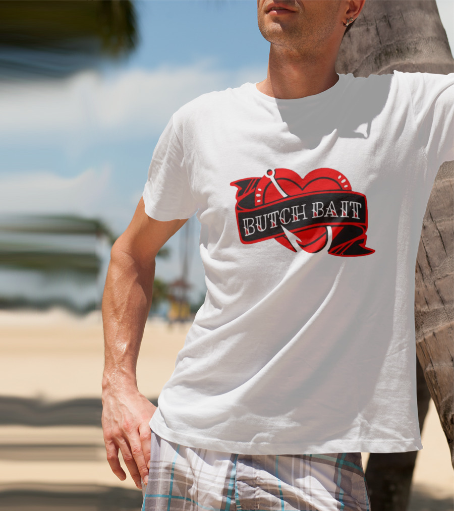 Butch Bait Heart With Fishing Hook Banner T-Shirt