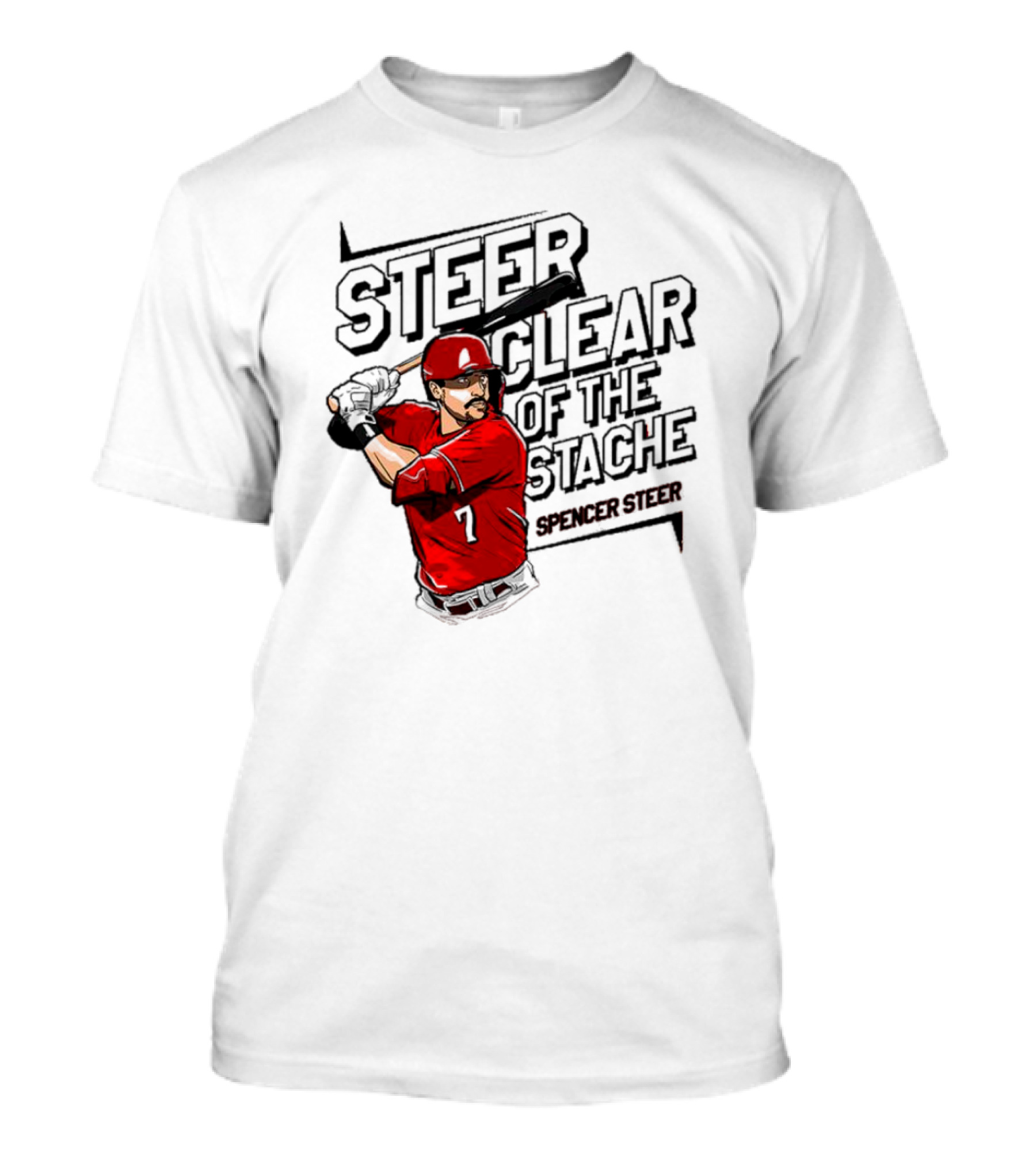 Spencer Steer Clear Of The Stache Baseball Player Illustration With Red Jersey And Bat T-Shirt