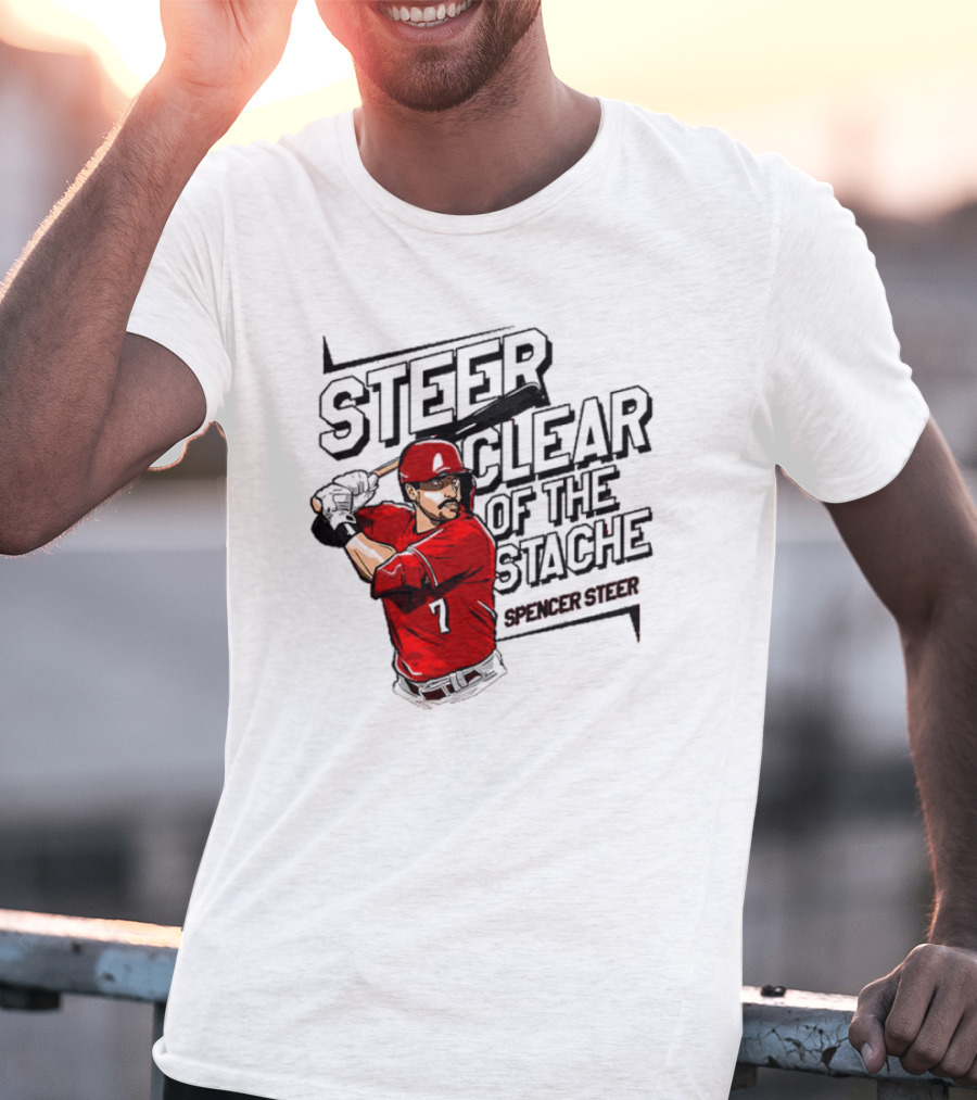 Spencer Steer Clear Of The Stache Baseball Player Illustration With Red Jersey And Bat T-Shirt