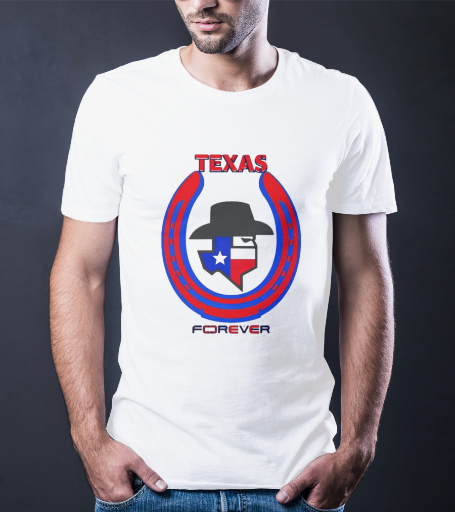 Texas Forever Lone Star Horseshoe Red Blue Cowboy Hat T-Shirt
