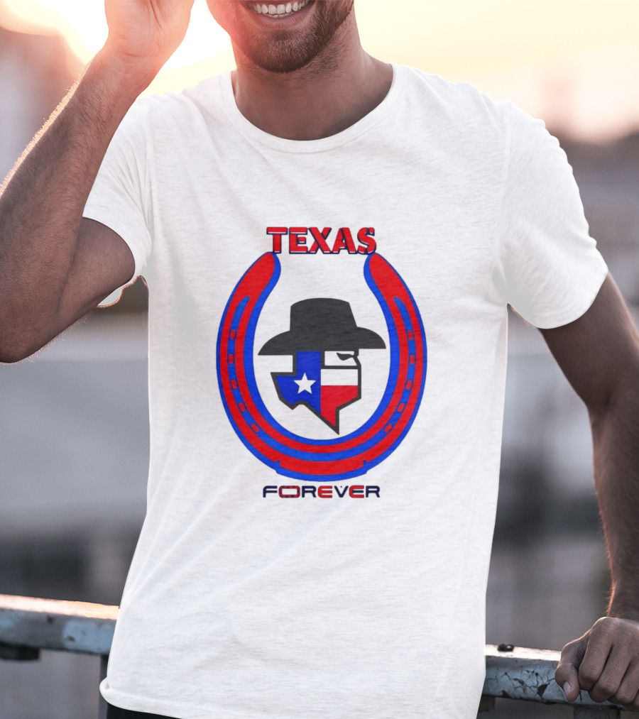 Texas Forever Lone Star Horseshoe Red Blue Cowboy Hat T-Shirt