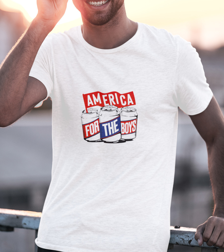 America For The Boys Beer Cans Red And Blue Text T-Shirt