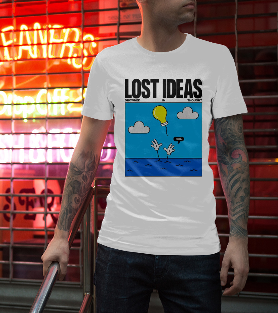 Lost Ideas Drowned In Thought Help Lightbulb Above Water Hands Clouds T-Shirt