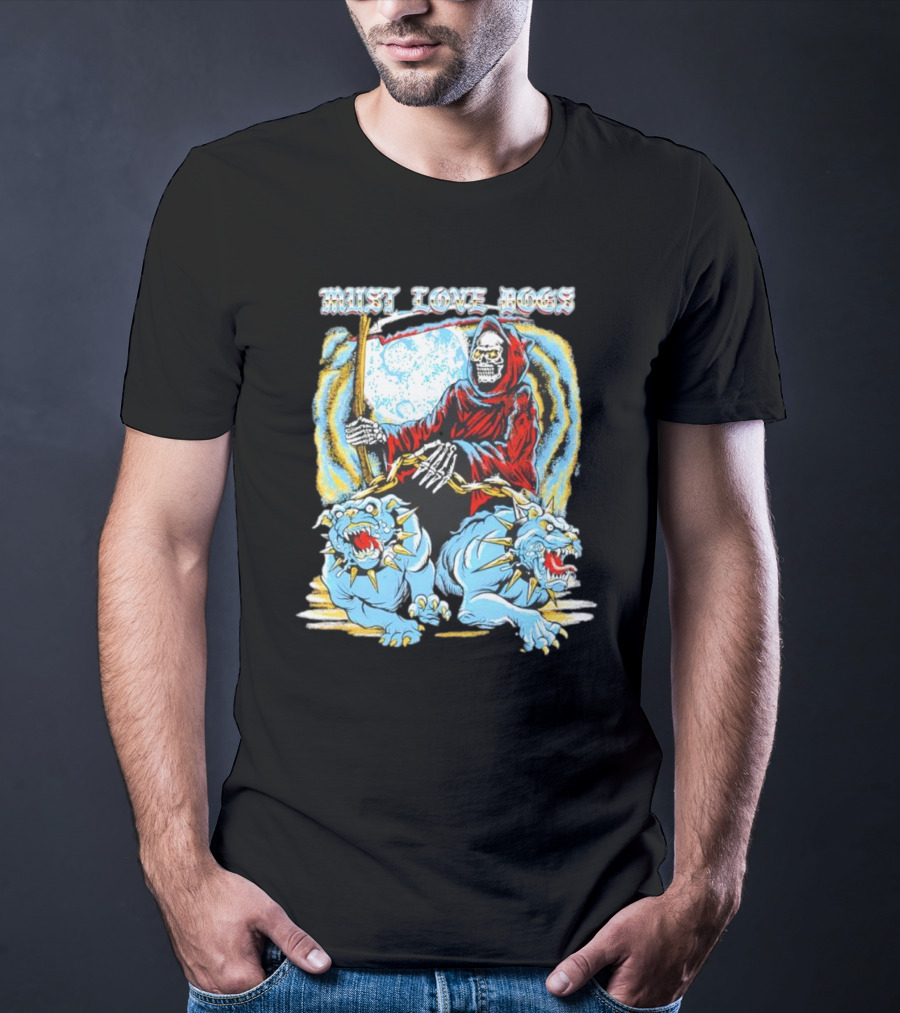 Must Love Dogs Skeleton Grim Reaper With Fierce Blue Dogs T-Shirt