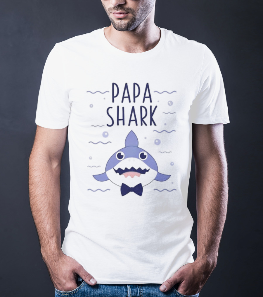Papa Shark Bowtie Cartoon Ocean Waves T-Shirt