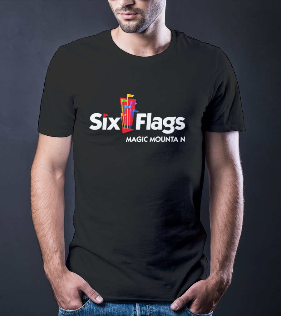 Six Flags Magic Mountain Logo With Colorful Flags T-Shirt