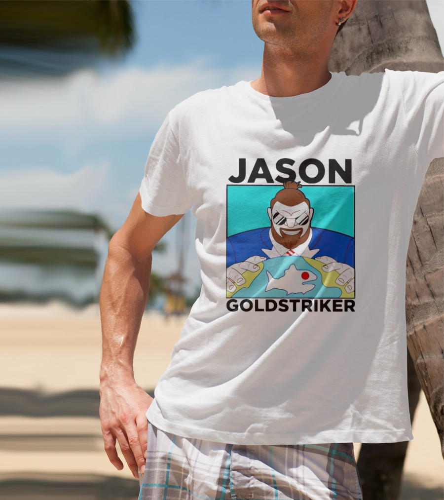 JASON GOLDSTRIKER Bold Character Holding Map With Red Marker T-Shirt