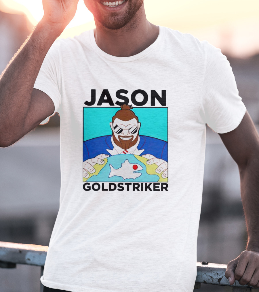 JASON GOLDSTRIKER Bold Character Holding Map With Red Marker T-Shirt