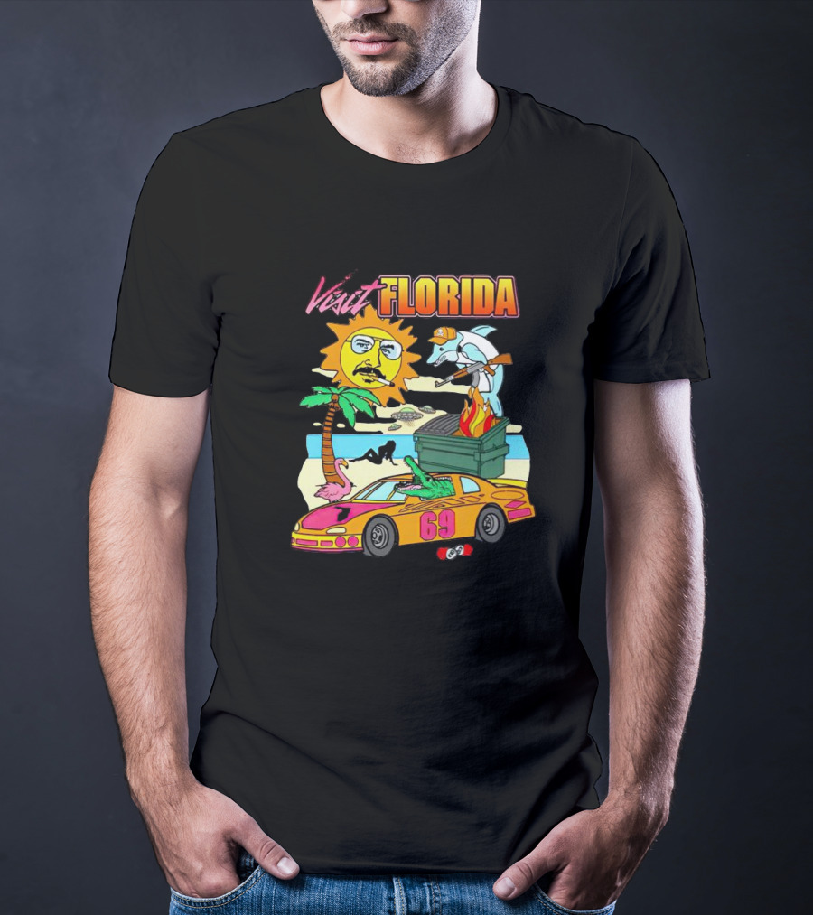 Visit Florida Beach Car Alligator Sun Dolphin Racing Fun T-Shirt