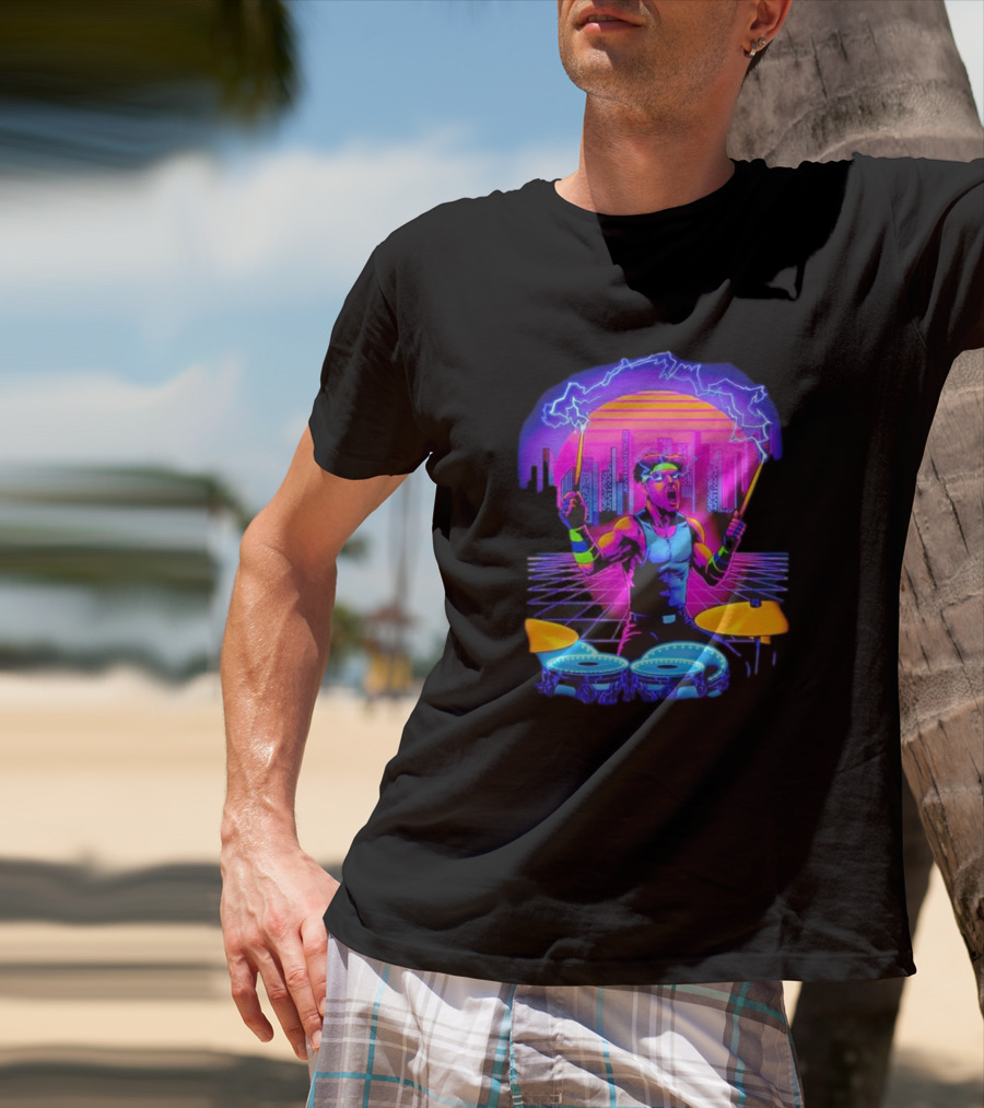 Drumatron Neon City Electric Drummer In Retro Futuristic Skyline T-Shirt