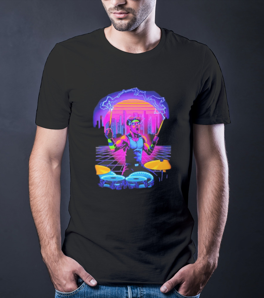 Drumatron Neon City Electric Drummer In Retro Futuristic Skyline T-Shirt