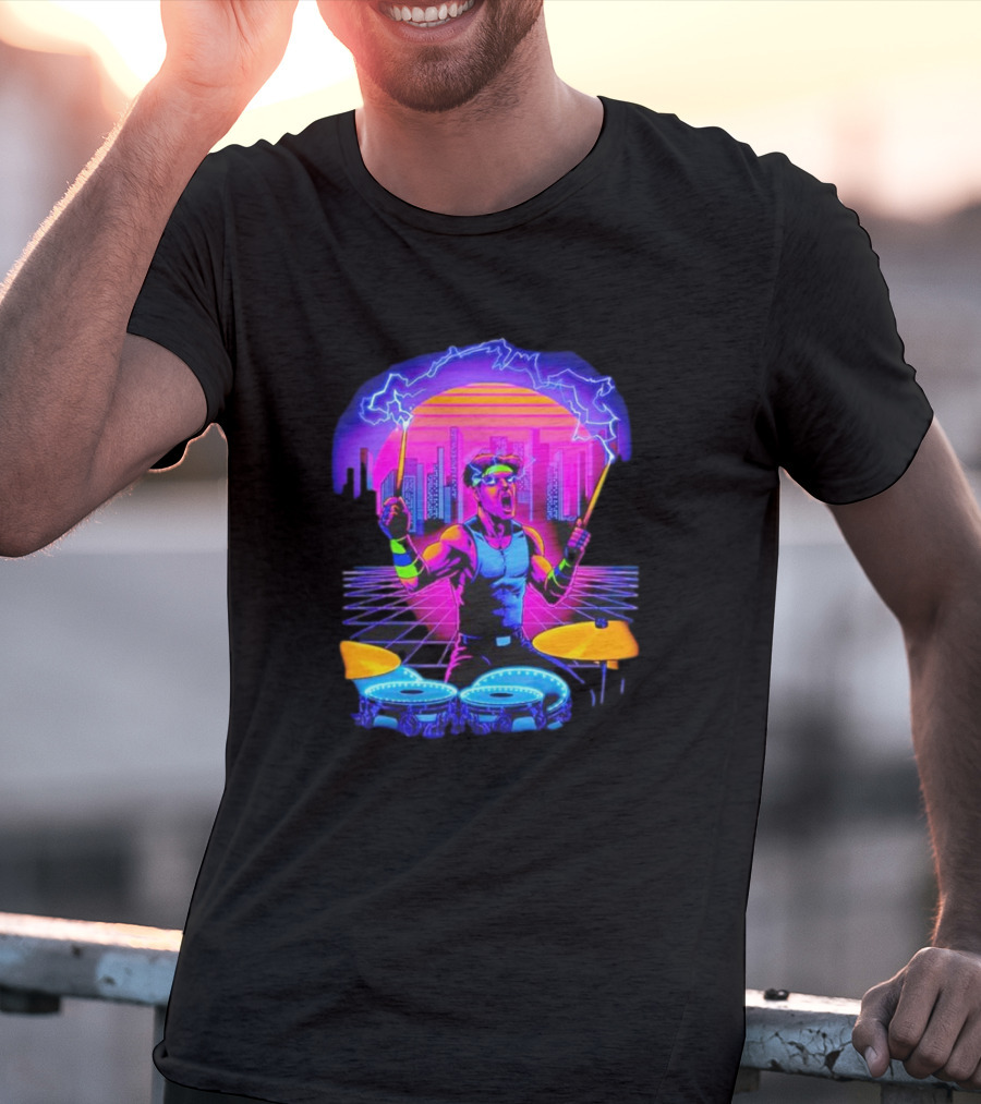 Drumatron Neon City Electric Drummer In Retro Futuristic Skyline T-Shirt