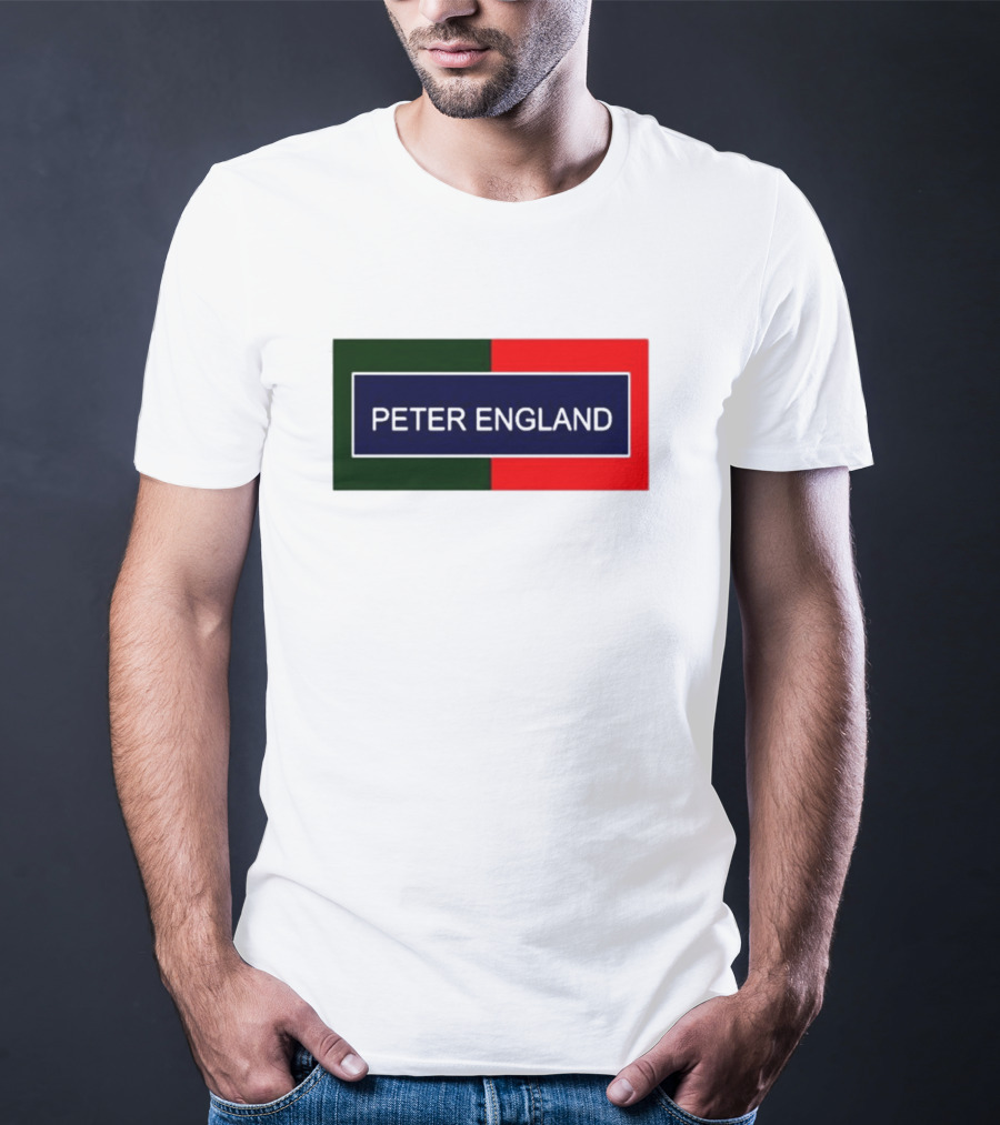 PETER ENGLAND Black Background Rectangular Logo With Green And Red Blocks T-Shirt