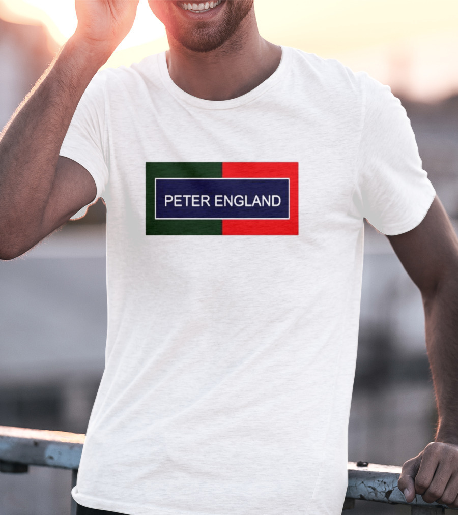 PETER ENGLAND Black Background Rectangular Logo With Green And Red Blocks T-Shirt