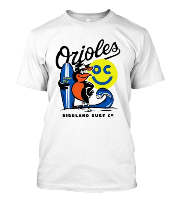 Orioles Ocean City Birdland Surf Co Smiley Surfboard Wave T-Shirt