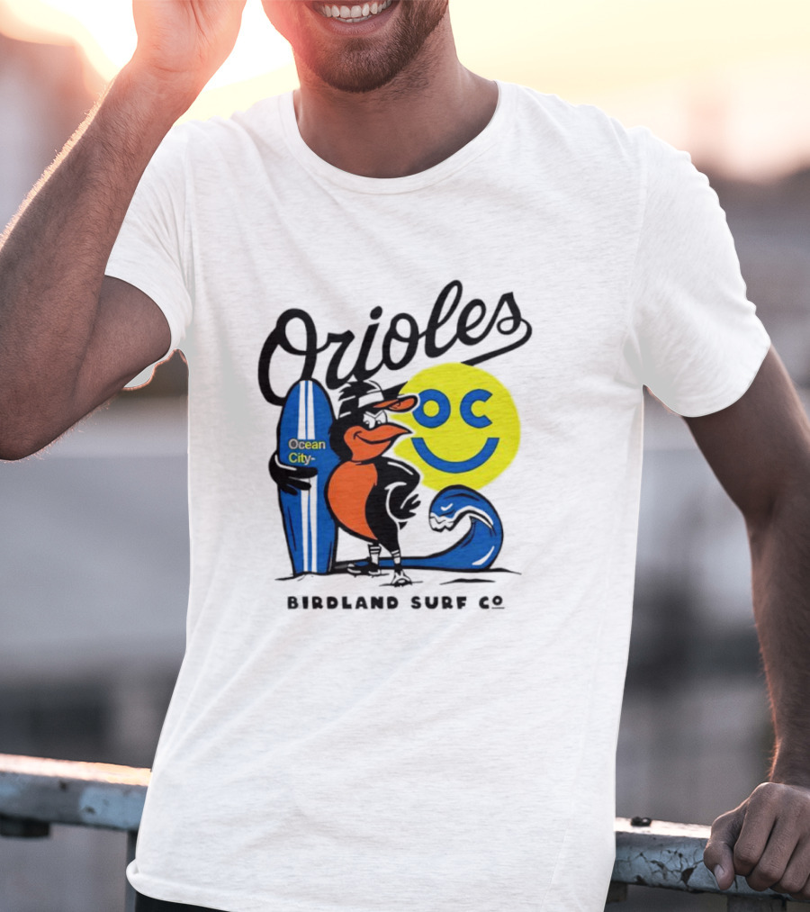 Orioles Ocean City Birdland Surf Co Smiley Surfboard Wave T-Shirt