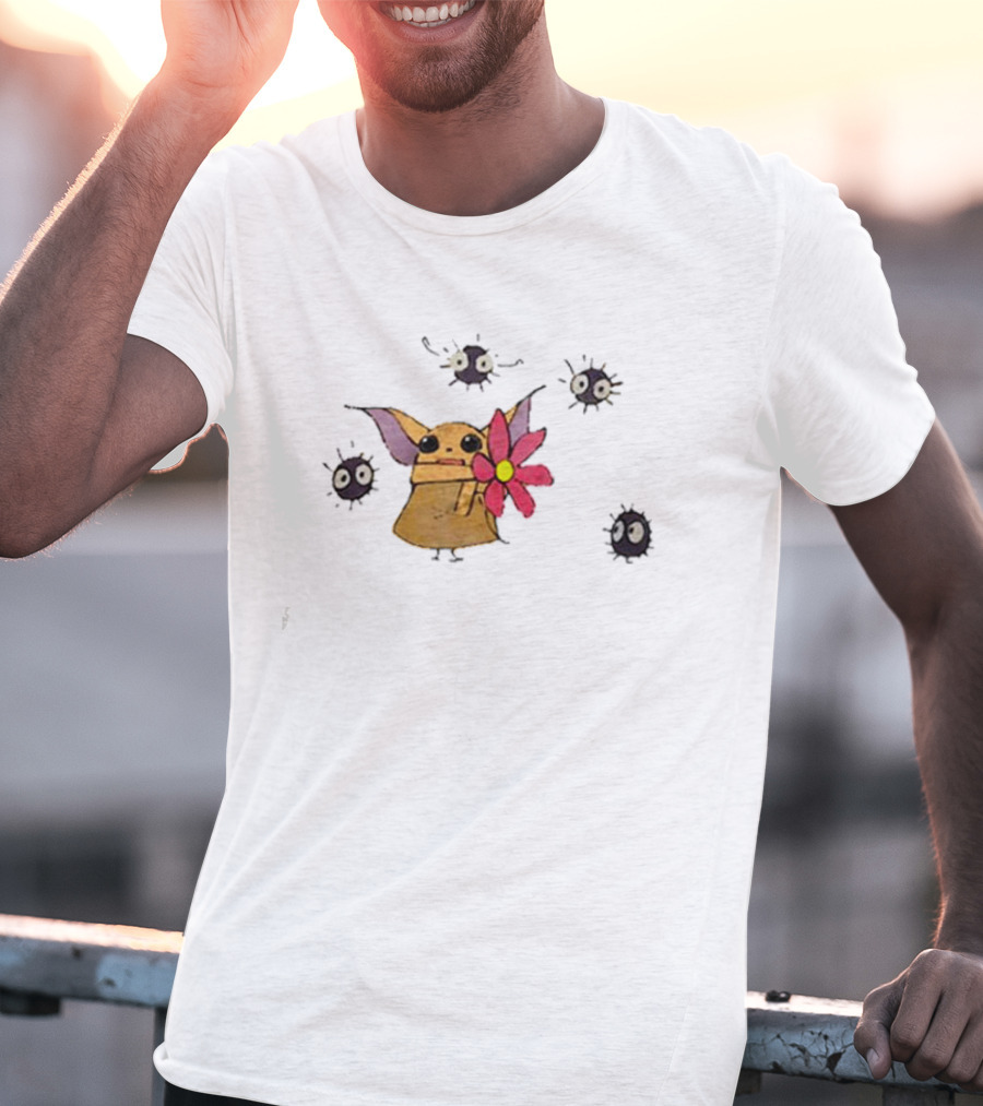Star Wars Baby Yoda With Flower And Ghibli Soot Sprites T-Shirt