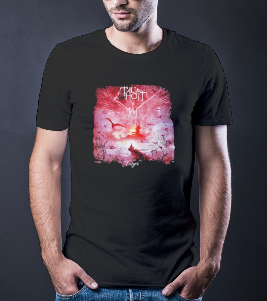 Talia Hoit Angel Red Winged Figure With Birds And Sunset T-Shirt