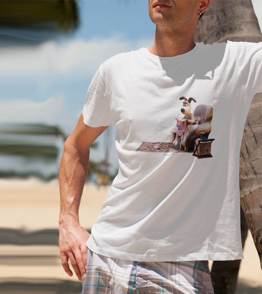 Wallace And Gromit Gromit Knitting In Armchair With Yarn Basket T-Shirt