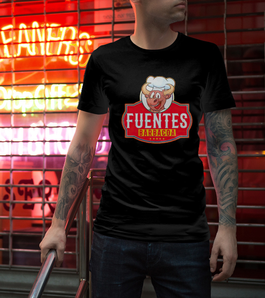 Fuentes Barbacoa Chef Cow Logo On Red Badge T-Shirt