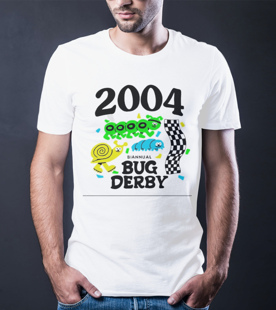 2004 Biannual Bug Derby Colorful Cartoon Caterpillars With Checkered Flag T-Shirt