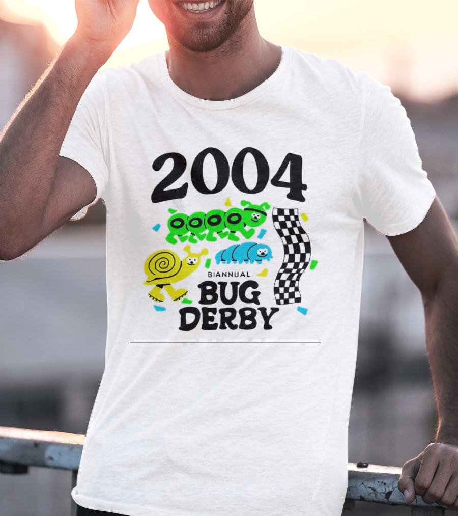 2004 Biannual Bug Derby Colorful Cartoon Caterpillars With Checkered Flag T-Shirt