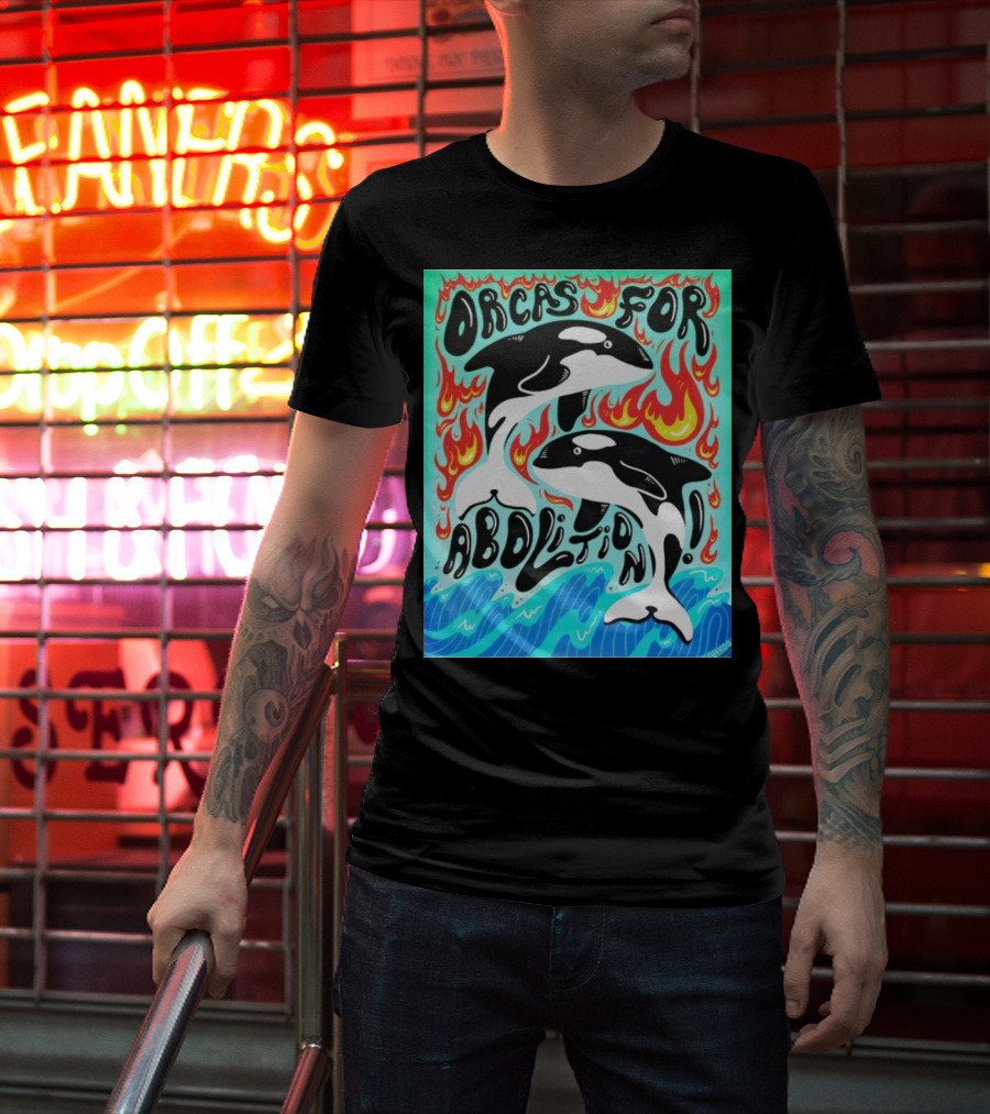 Orcas For Abolition Ocean Waves And Flames T-Shirt