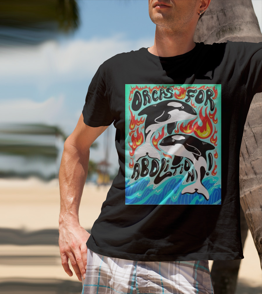 Orcas For Abolition Ocean Waves And Flames T-Shirt