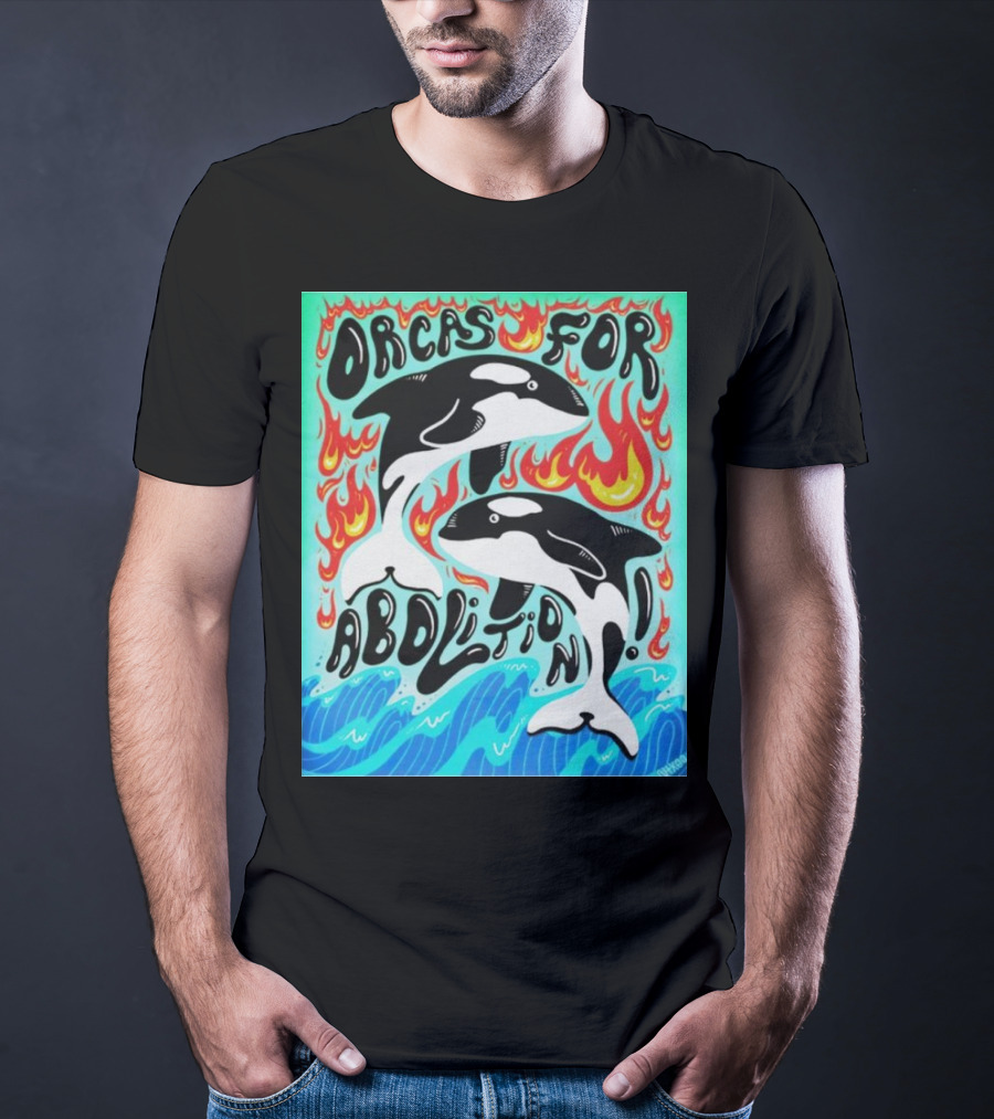Orcas For Abolition Ocean Waves And Flames T-Shirt