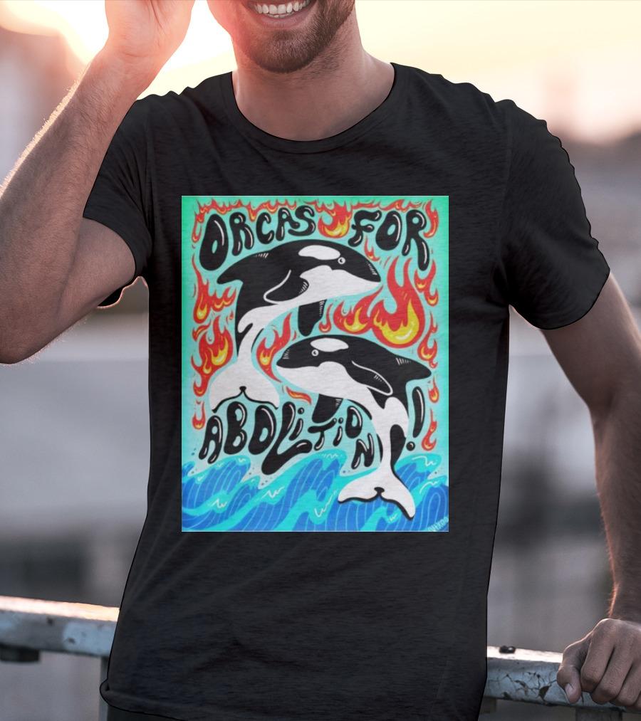 Orcas For Abolition Ocean Waves And Flames T-Shirt