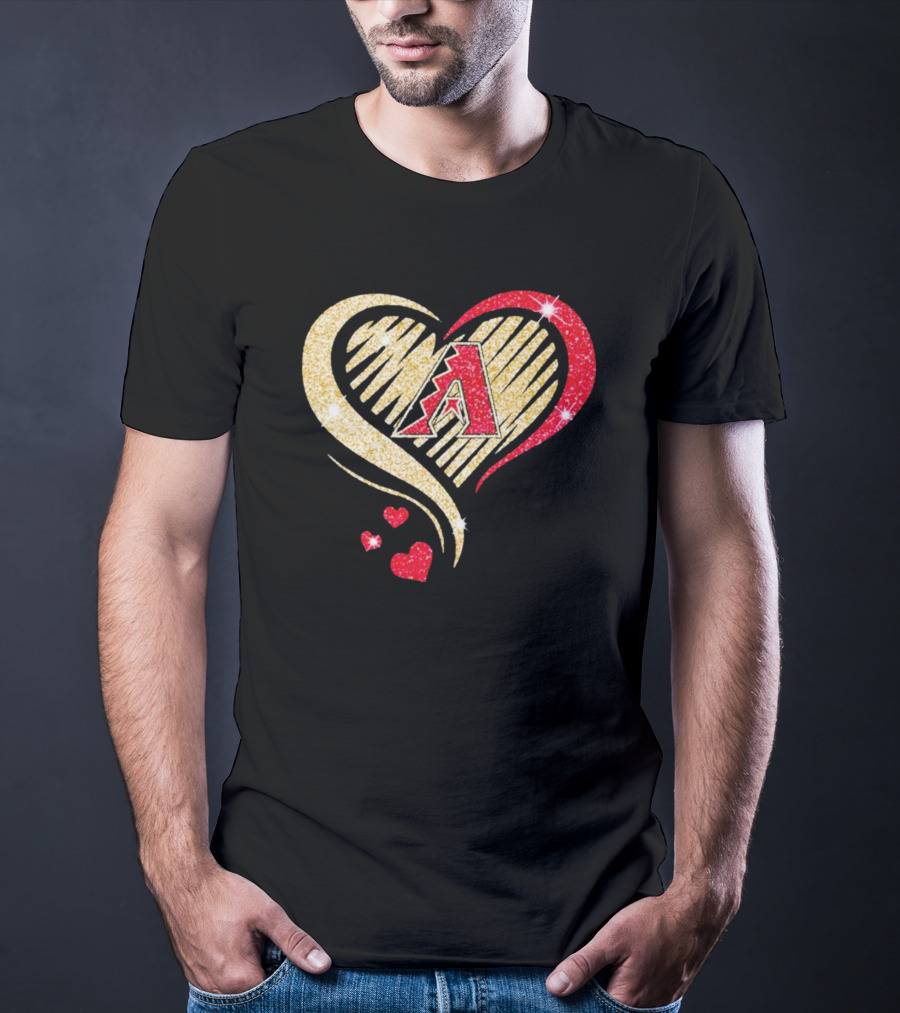 Arizona Diamondbacks Glitter Heart Design With Team Logo In Gold And Red T-Shirt
