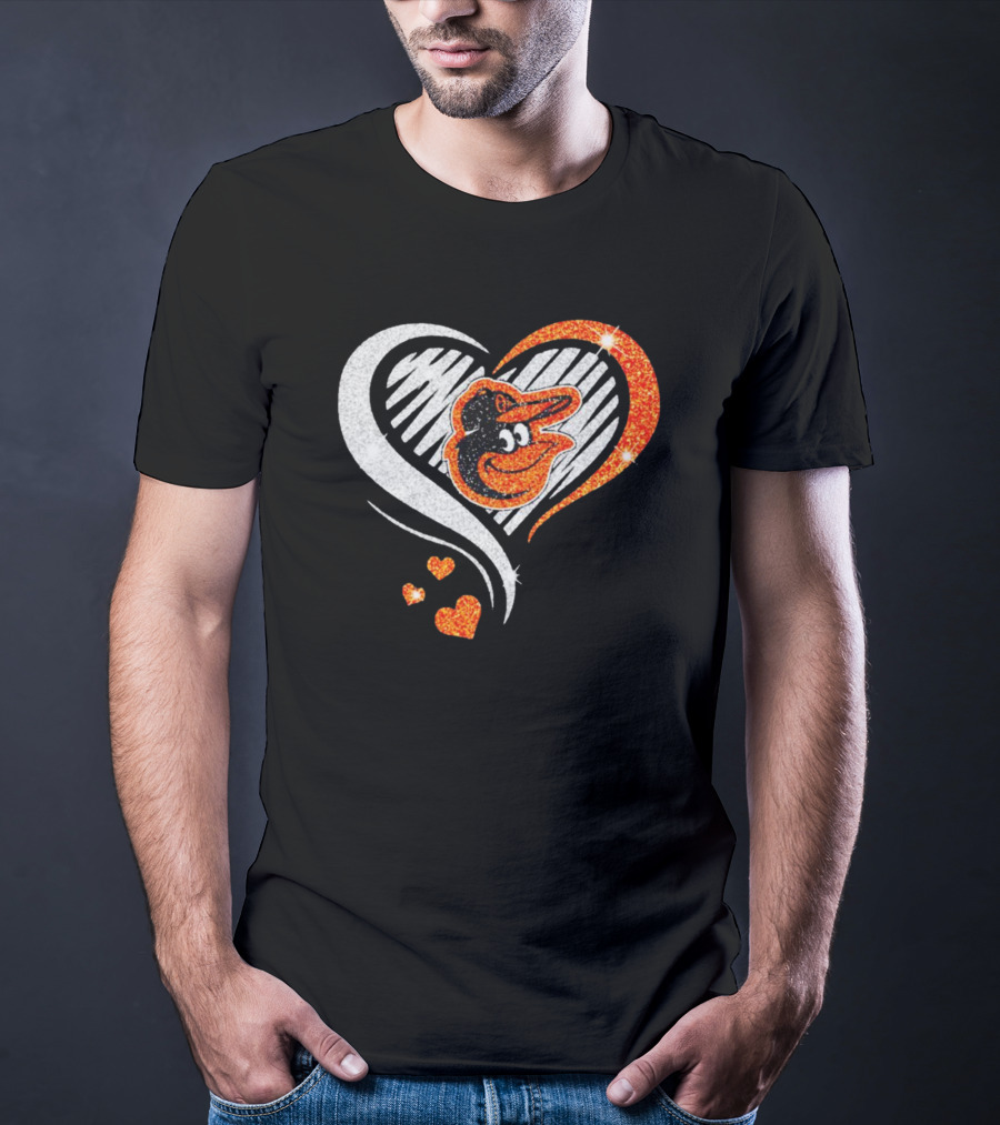 Baltimore Orioles Heart Shaped Logo With Orange Glitter Diamond T-Shirt