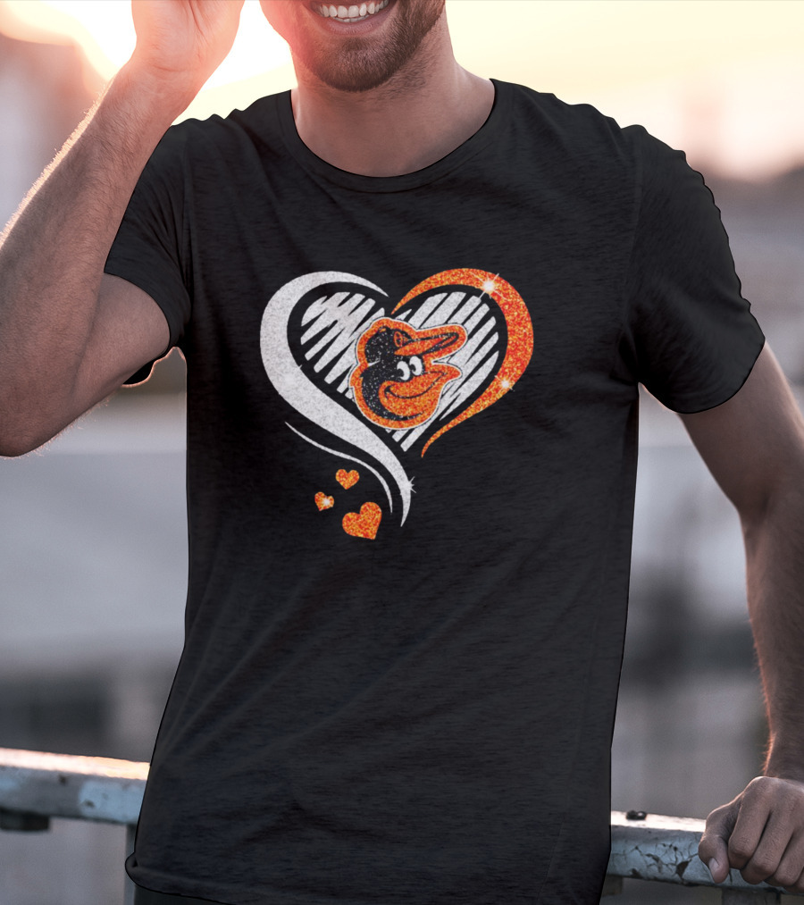 Baltimore Orioles Heart Shaped Logo With Orange Glitter Diamond T-Shirt
