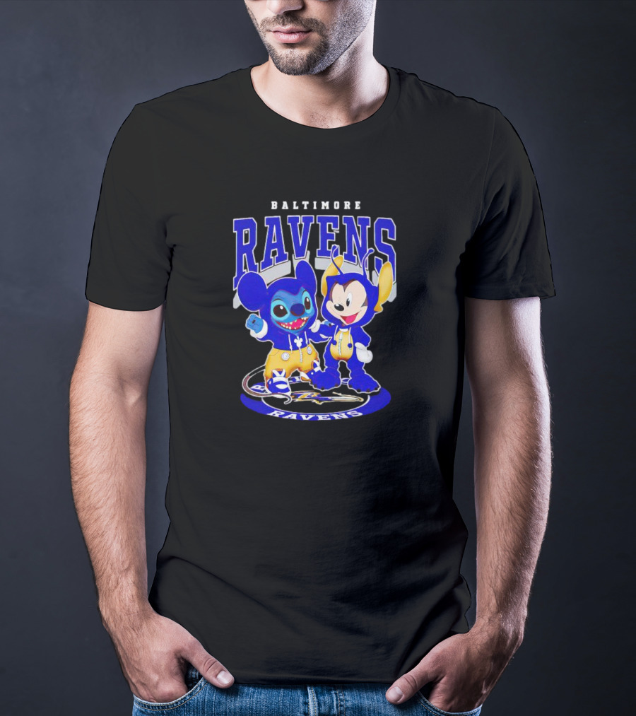 Baltimore Ravens Stitch And Mickey Character Collaboration Football T-Shirt