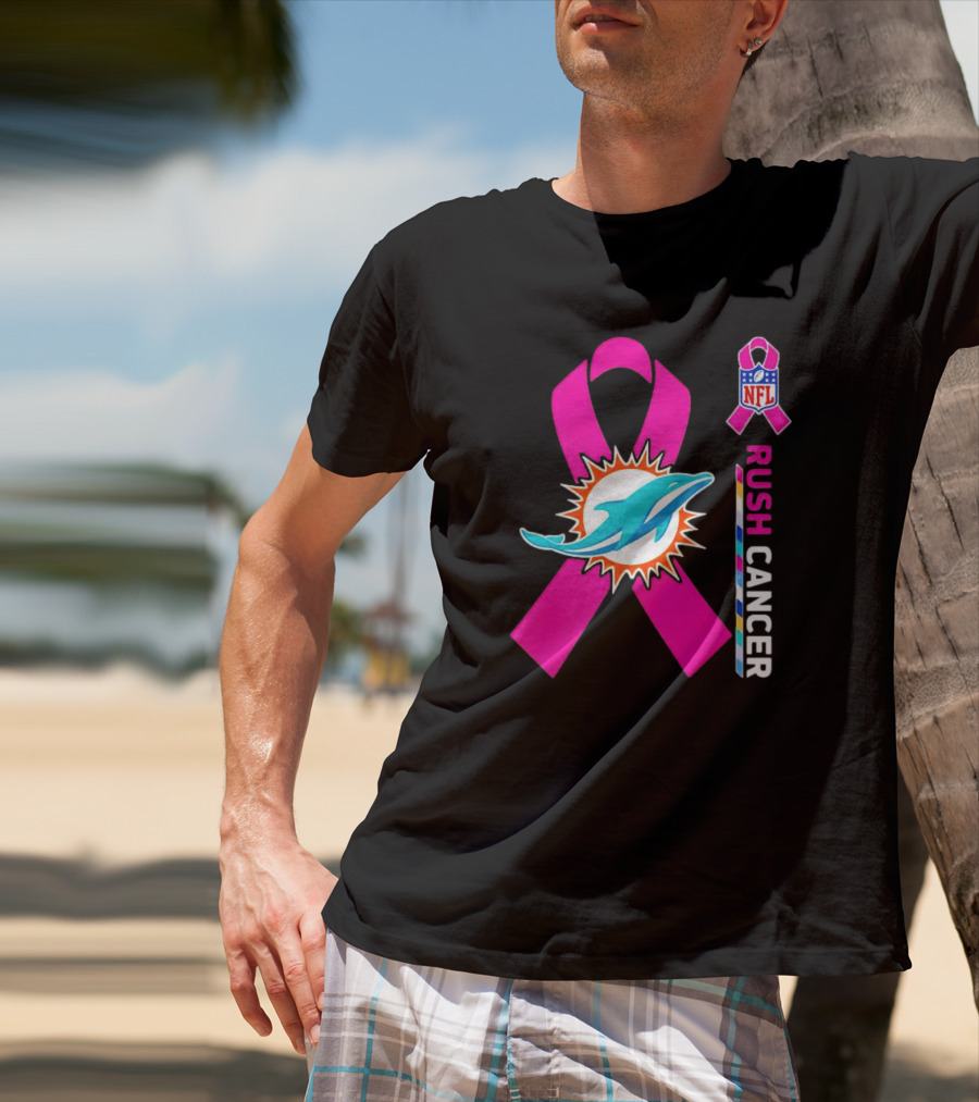 Miami Dolphins NFL Rush Cancer Pink Ribbon Emblem T-Shirt