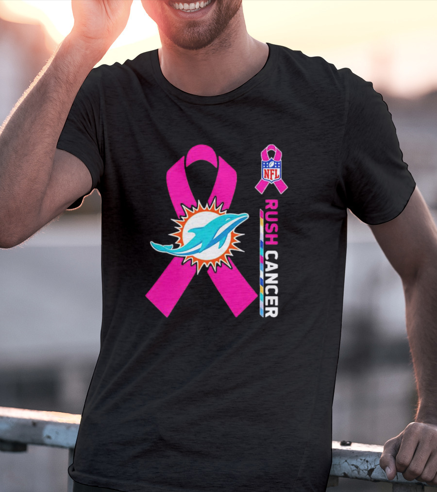 Miami Dolphins NFL Rush Cancer Pink Ribbon Emblem T-Shirt