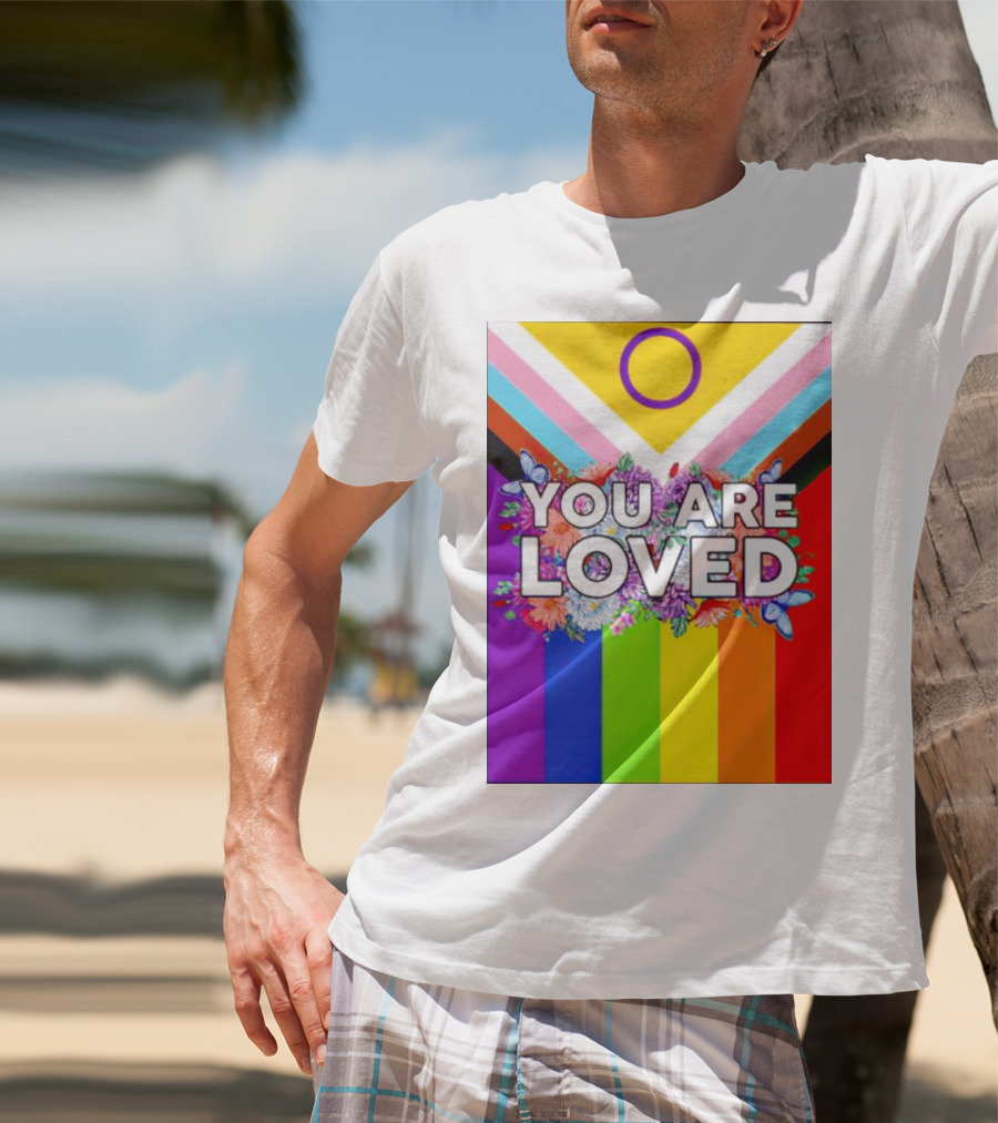 You Are Loved Pride Flag Intersex Inclusion Rainbow Floral Butterflies T-Shirt